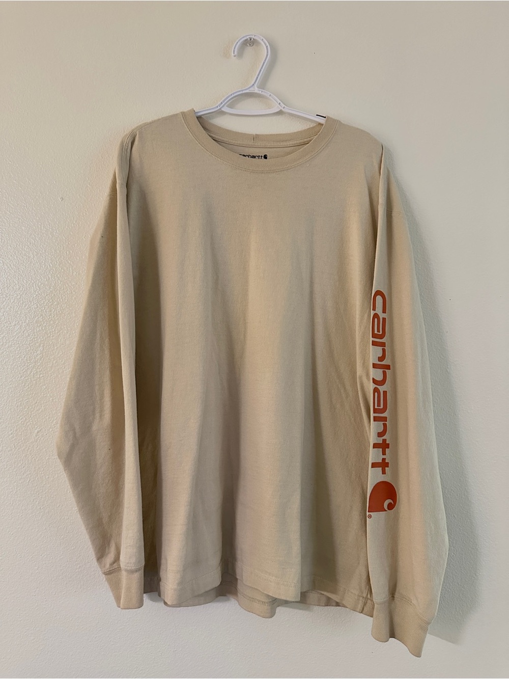 Carhartt Beige Long Sleeve Tee with Orange Sleeve Logo